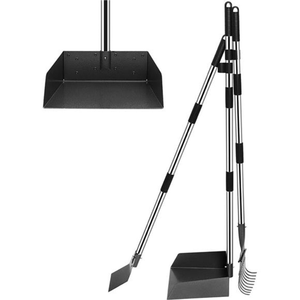 XL Poop Scooper for Large and Small Dogs with Long Handle, Metal Tray and Rake